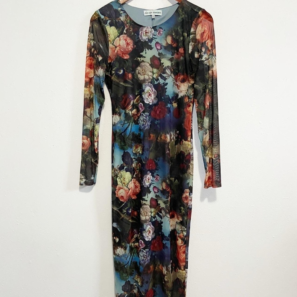 Almost Famous Multicolor Floral Long Sleeve Mesh Bodycon Midi Dress - Picture 2 of 7